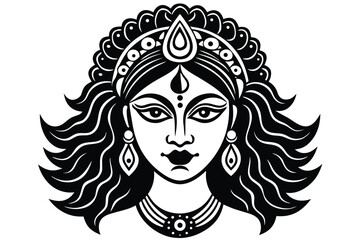 durga face with red sindoor and decorated forehead