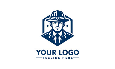 A stylized logo featuring a man in a hat and suit, within a geometric frame.