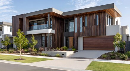 Modern, two-story house with a contemporary facade featuring dark wooden cladding and a light-colored exterior, nestled in a residential neighborhood.