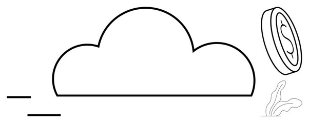 Abstract cloud shape, floating coin and motion lines represent cloud storage, financial transactions, and speed. Ideal for technology, finance, innovation, e-commerce, cloud services blockchain