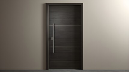 Modern dark wood front door with sleek brushed nickel hardware, inviting entry