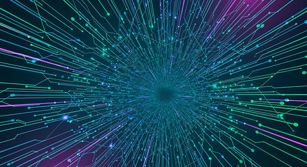 Obraz premium Abstract digital art representing data flow or network connection with glowing lines and particles in a tunnel effect