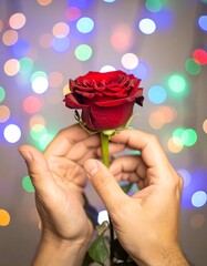 Hands holding a red rose against a backdrop of blurred lights