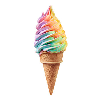 Rainbow Ice Cream Delight: Colorful Swirls on a Cone Against Black Background