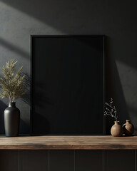 Elegant black canvas mockup on rustic wooden shelf with soft green plants and ambient shadow play for minimalist design