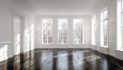 Fototapeta premium A sunlit, spacious, empty room with large windows
