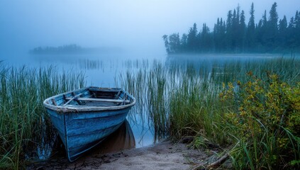 Obraz premium Misty lake scene with old boat