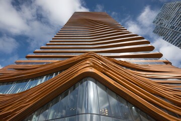 A striking modern skyscraper boasts a dynamic facade of flowing, warm-toned panels, rising against a clear, partly cloudy sky.
