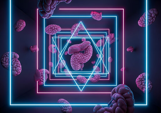 Abstract digital art of multiple pink brains floating in a dark space with neon blue and pink geometric shapes forming a tunnel - Powered by Adobe