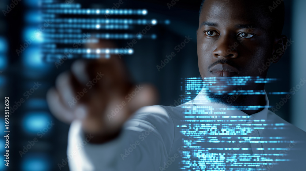 Aufkleber man interacting with digital data by touching glowing virtual lines.