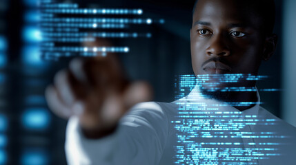 Man interacting with digital data by touching glowing virtual lines. 
