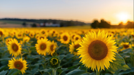 Fototapeta premium Bright yellow sunflowers blooming in field at sunset. 