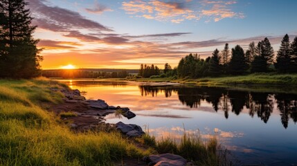 Obraz premium Golden sunset over tranquil river reflecting trees and sky water clouds