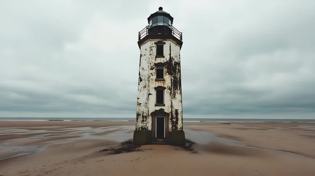 Eerie Lighthouse on a Barren Shore: An old, weathered lighthouse stands alone on a desolate sandy shore under a brooding, cloudy sky, evoking a sense of isolation and mystery.