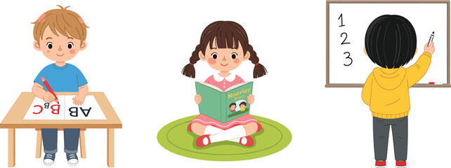 Fototapeta premium Children studying and learning, boy writing alphabet, girl reading book, kid practicing numbers on board, school education, classroom activity, academic growth