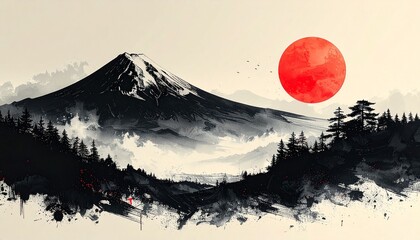 Traditional sumi-e ink art Mount Fuji