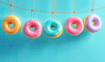 Colorful donuts hanging on strings (1)