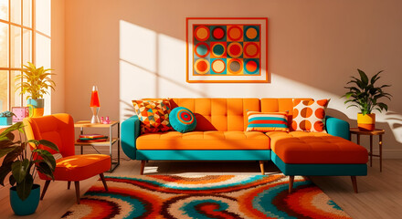 Fototapeta premium Vibrant living room decor in a retro style with colorful furniture and plants