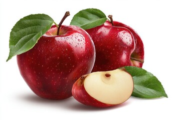 Two whole and one sliced red apples with leaves (1)