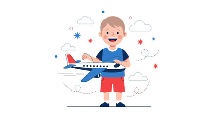 A Happy Young Boy Playing with Airplane Toy, Representing Travel and Adventure Dreams