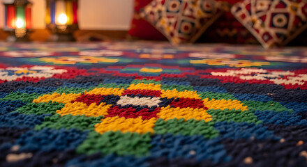 Fototapeta premium Vibrant Patterned Textile, Decorative Details, and Cozy Atmosphere, Focusing on Textures