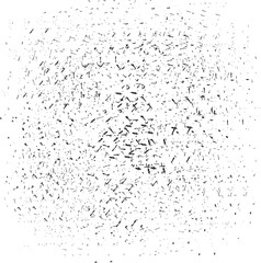 Monochrome texture composed of irregular graphic elements. Overlay for interesting effect and depth.  Distressed uneven grunge background. Abstract vector illustration. Isolated on white background.