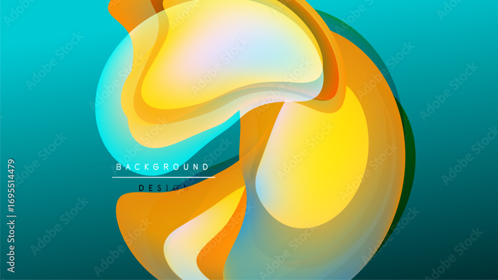Poster abstract flowing shapes, vibrant colors blend. yellow, orange, turquoise create dynamic visual effec