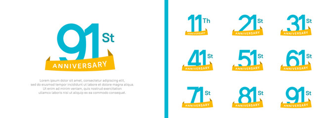 set of anniversary logo style yellow ribbon. vector design blue color for celebration