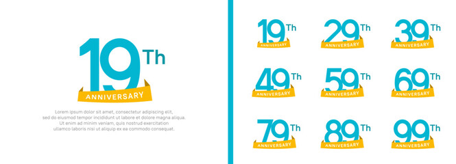 set of anniversary logo style yellow ribbon. vector design blue color for celebration