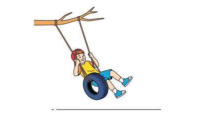 A joyful illustration of a child enjoying a tire swing in a playful outdoor setting