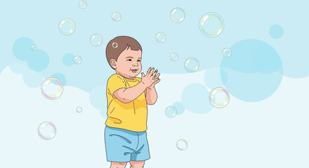 Fototapeta premium A Joyful Little Boy Playing with Bubbles, a Cute and Happy Cartoon Illustration