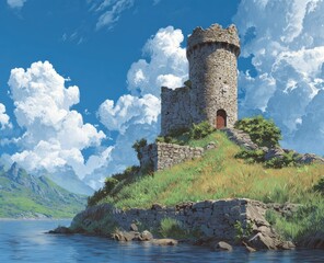 Fototapeta premium Ruined tower on a grassy isle