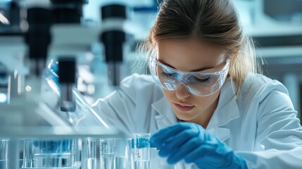 Fototapeta premium Focused scientist in safety glasses examining a sample in a test tube in a modern laboratory