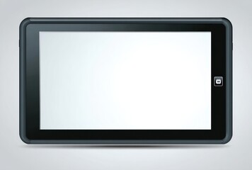Black tablet with a blank white screen, displayed horizontally against a white background. Minimalist tech illustration with a digital aesthetic
