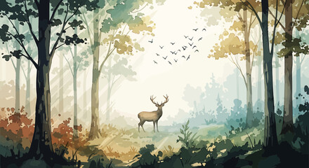 Fototapeta premium Vector SVG Illustration of Deer in Forest Landscape with Trees and Birds in Nature Scene Flat Design