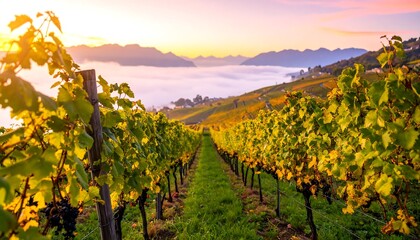 Naklejka premium Vineyards at sunrise, misty valley