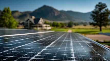 A sunny landscape featuring solar panels on a roof, with mountains in the background and green fields, highlighting renewable energy and sustainable living.
