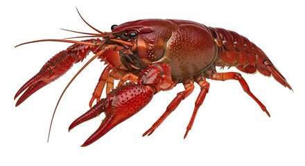 A vibrant crawfish, showcasing its detailed structure against a plain white background.