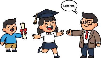 Graduation celebration, happy girl student with diploma, proud teacher congratulating, academic success achievement, family support, education milestone, future success, school graduation ceremony