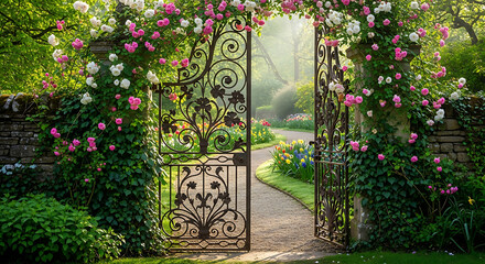 Ornate wrought iron garden gate covered in blooming pink and white roses, leading to a path