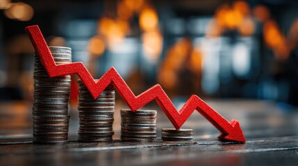 Financial Downturn: A stark visual representation of economic decline, with stacked coins and a descending red arrow, symbolizing financial instability, recession, and market downturn. Generative Ai