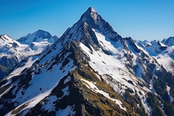 Fototapeta premium Jagged mountain peaks covered in snow under clear blue sky ridge