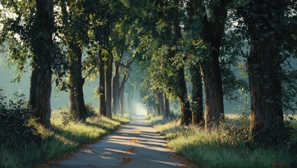 Fototapeta premium A sun-drenched country lane through a dense tree line