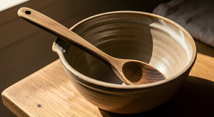 Wooden spoon resting in a ceramic bowl on a wooden surface during daylight