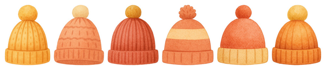 PNG Colorful knitted winter hats, element set on transparent background