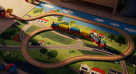 Wooden Train Toy Circulating On A Colorful Carpet Near A Furnished Room