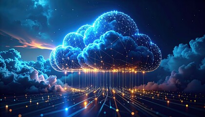 A large, glowing, interconnected cloud formation hangs above a network of digital pathways at twilight, showcasing a conceptual representation of cloud computing.