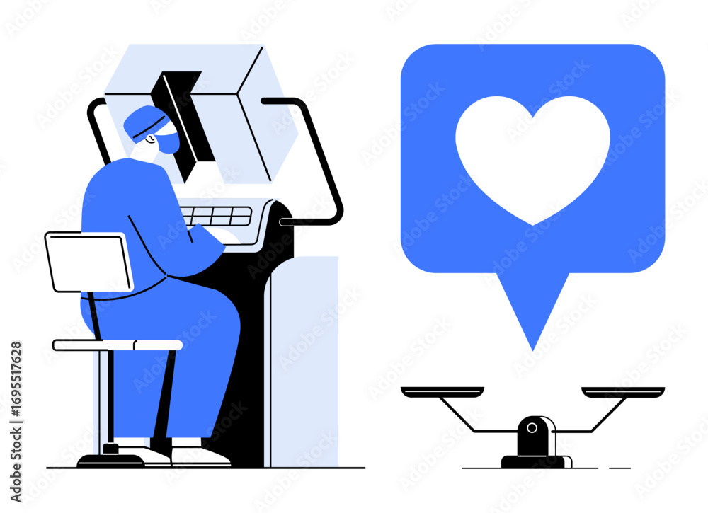 Aufkleber man operating advanced computer with ai interface, heart in speech bubble representing empathy, scal