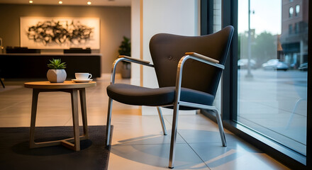 Corporate office lobby with modern armchair, side table, and artwork, natural light