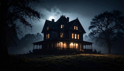 Spooky Victorian Mansion Under a Full Moon  Halloween with Haunted House, and Night Scene.